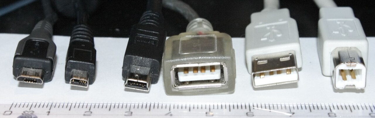 Six USB connectors photographed side by side against a ruler: micro-B, mini-B, another mini variant, an A receptacle, an A plug and a B plug