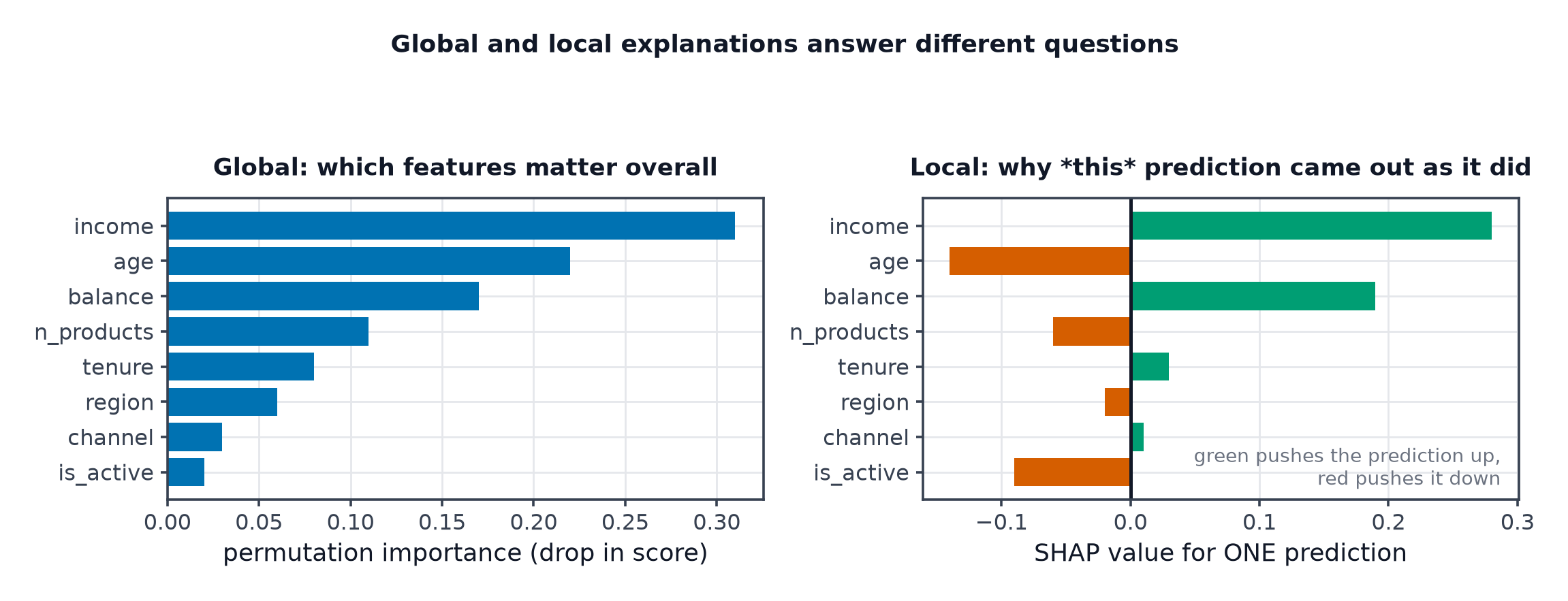 A horizontal bar chart of permutation importance across features beside a signed SHAP contribution chart for one prediction