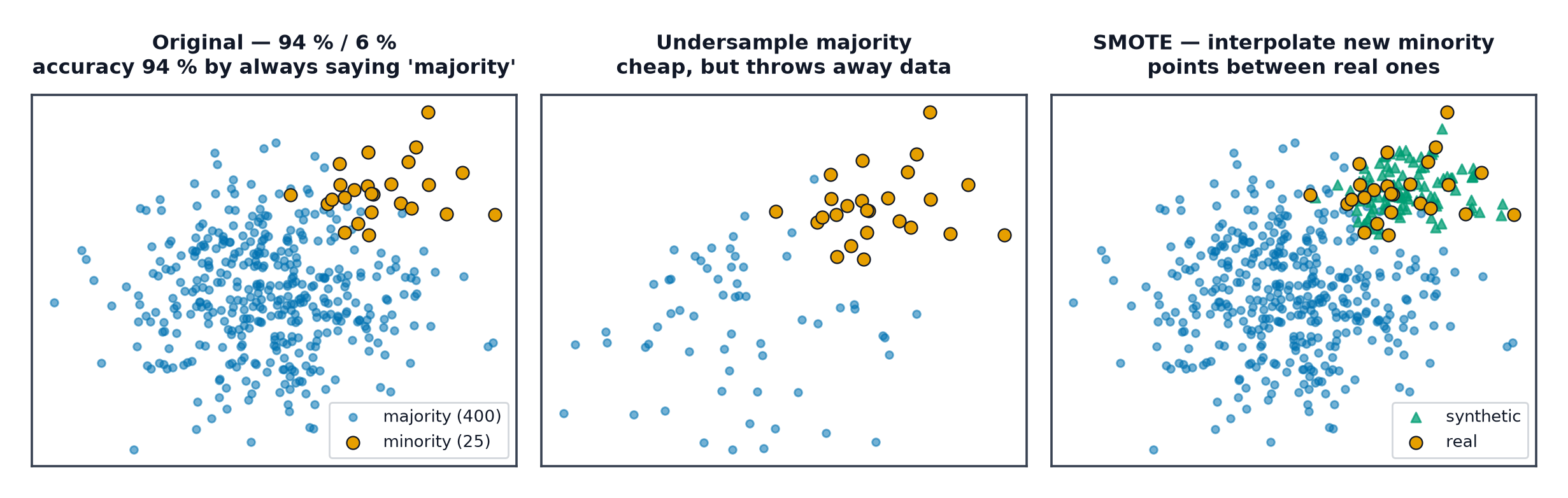 A heavily imbalanced dataset, the same data after undersampling the majority, and after SMOTE has interpolated synthetic minority points