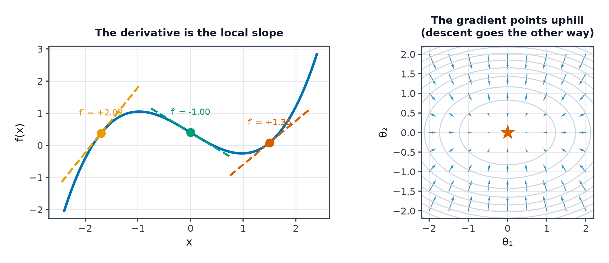 Left: a cubic curve with tangent lines at three points. Right: contours of a quadratic bowl with gradient arrows pointing outward