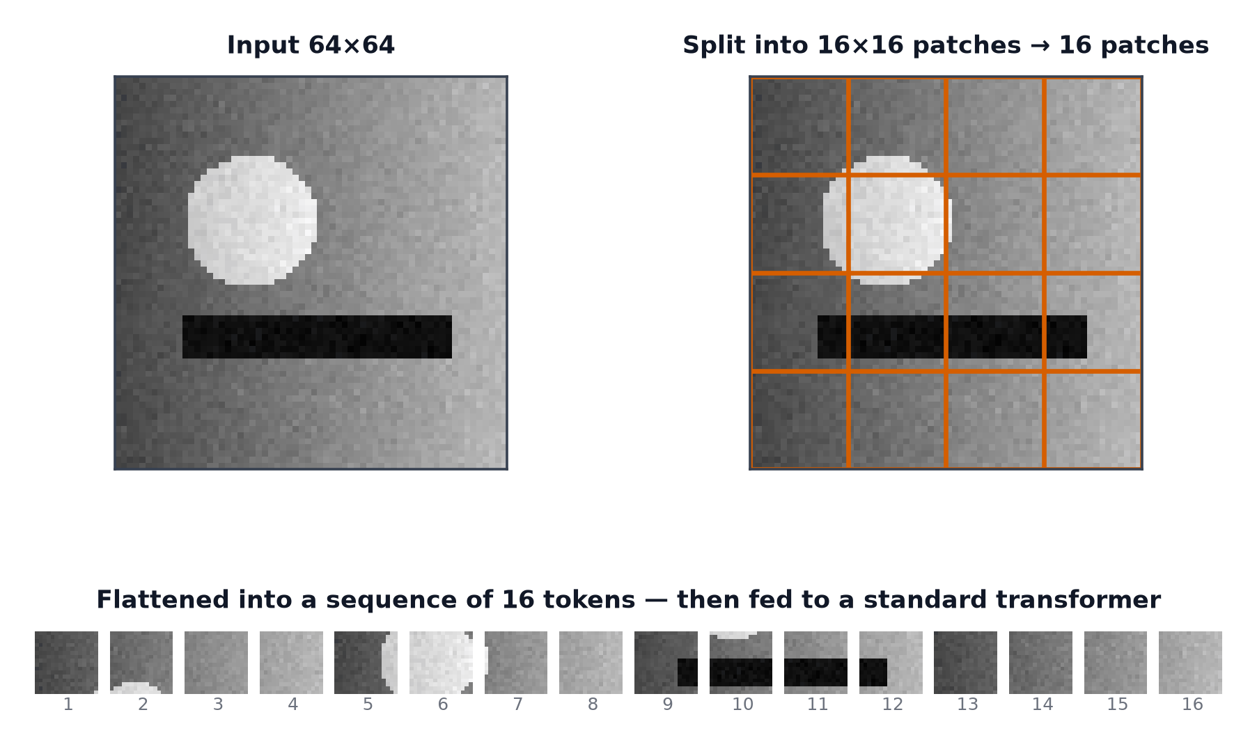 An image divided into sixteen patches on a grid and then flattened into a sequence of sixteen tokens